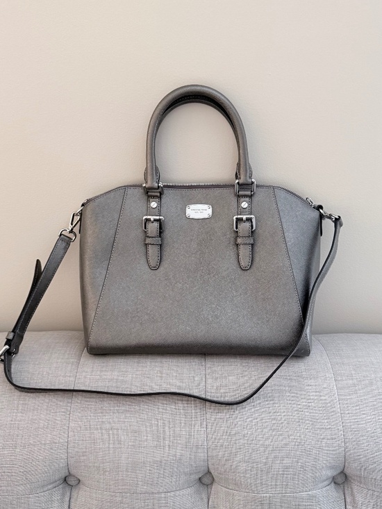 Michael Kors Handbags - Michael Kors Ciara Medium Saffiano Leather Satchel – Metallic Gray / Gunmetal